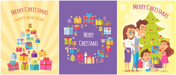 Merry Christmas Poster with Present Boxes Symbols — Stock Vector