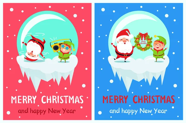 Merry Christmas Happy New Year Poster Elf Santa — Stock Vector