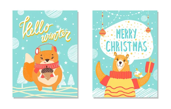 Hallo instellen Winter Kerstmis vectorillustratie — Stockvector