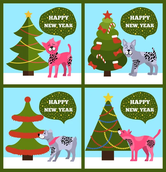 Happy New Year Banner ile noktalı köpek yavrusu ağaç koymak — Stok Vektör