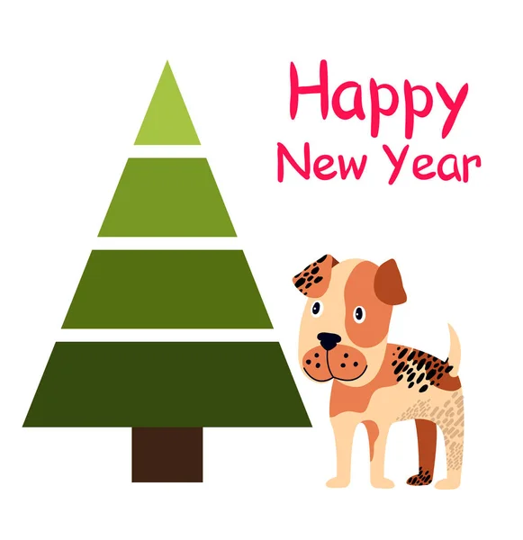 Mutlu yeni yıl Poster Ladin ağacı ve köpek — Stok Vektör
