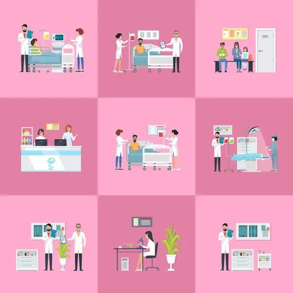 Krankenhaus Aktivitäten auf Vektor Illustration rosa — Stockvektor