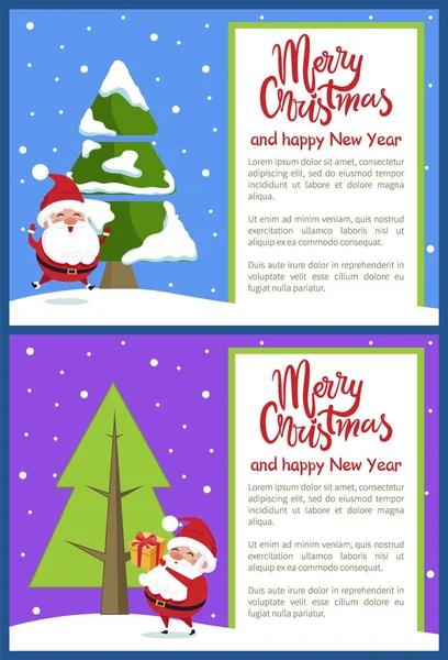 Happy Christmas Happy New Year Poster Santa Tree — стоковый вектор