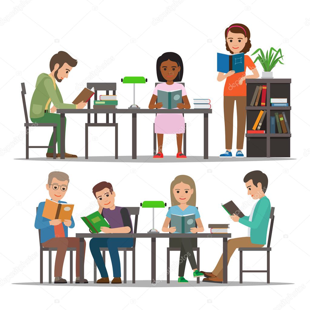 Students Reading Textbook in Library Flat Vector