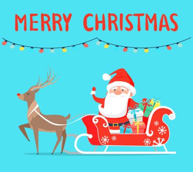 Merry Christmas Santa kızak üzerinde Ren geyiği ile
