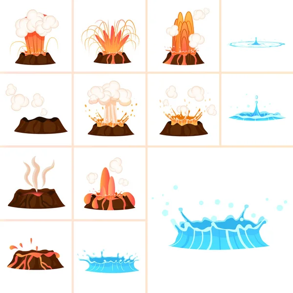 Stadien von Vulkanausbrüchen und Wasserspritzern — Stockvektor