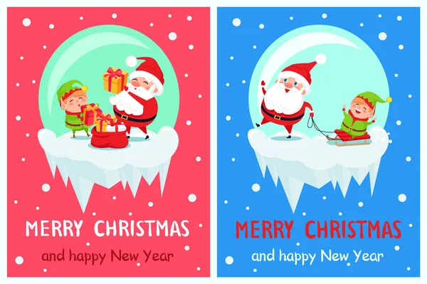 Frohes neues Jahr frohe Weihnachten Poster Weihnachtsmann Elfe — Stockvektor