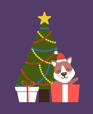 Renk çelenk Corgi ile yaprak dökmeyen Noel ağacı