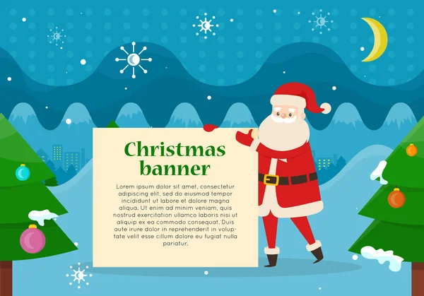 Boże Narodzenie Banner w ręku Mikołaje w lesie w nocy — Wektor stockowy