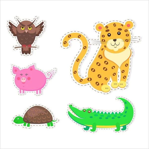 Cute Animals Cartoon Flat Vector Stickers Set — Stock Vector