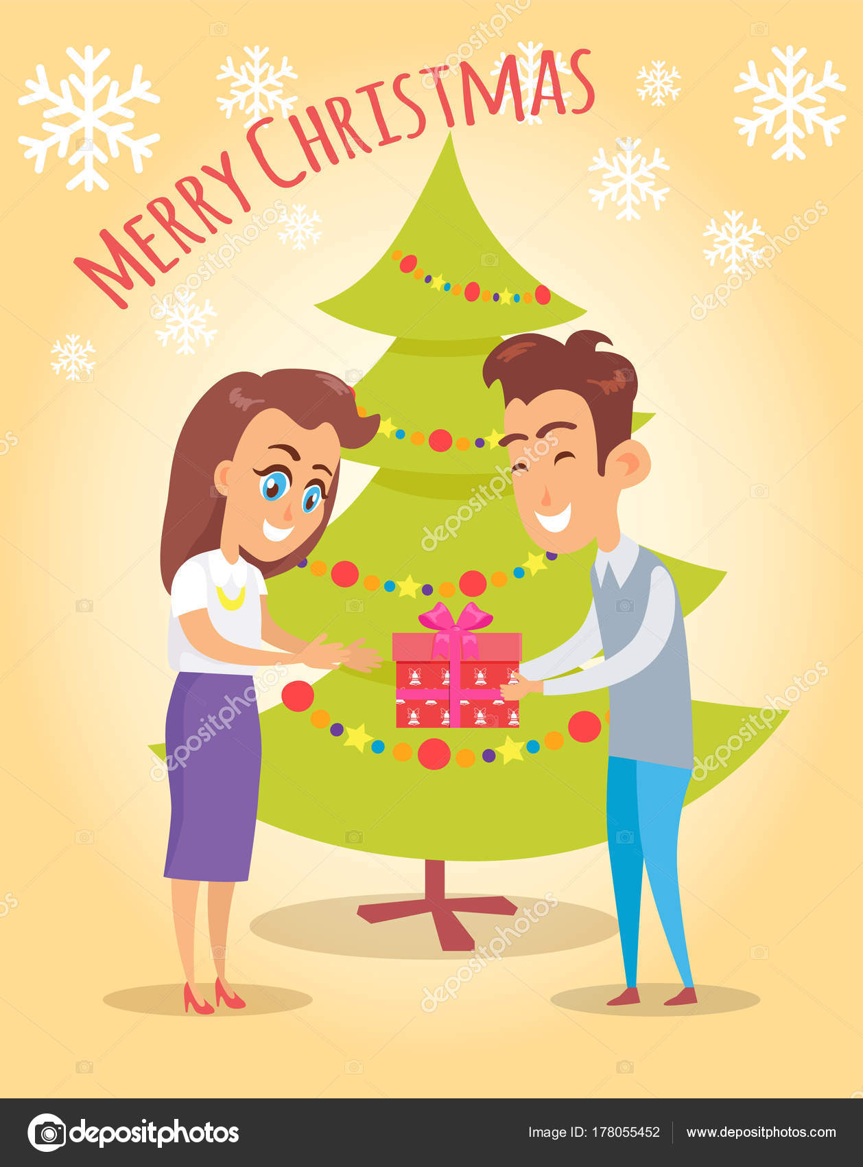 Merry Christmas plakat mÄ…Å¼ podajÄ…c obecny do jego urocza Å¼ona wektor poczt³wka na tle Å›niegu z tekstem MiÅ‚oÅ›ci para na BoÅ¼e Narodzenie — Wektor od robuart