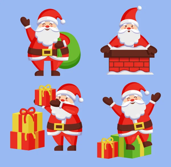 Babbo Natale set icona Vector Snow Camimney Bag Box — Vettoriale Stock