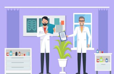 Doktor odasında vektör çizim mor üzerinde