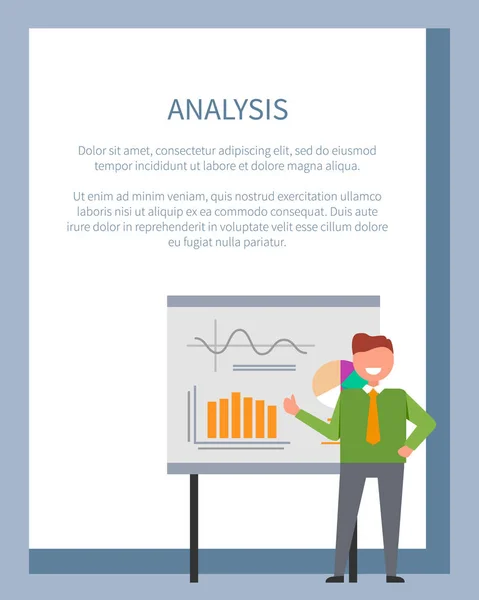 Cartel de análisis con Empresario de pie a bordo — Vector de stock