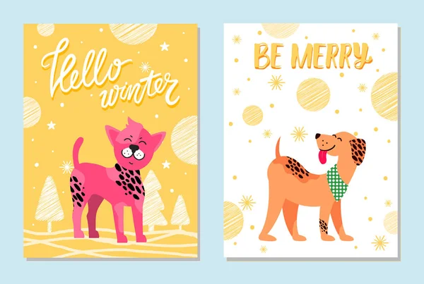 Hallo Winter en worden vrolijk feestelijke kaarten met honden — Stockvector
