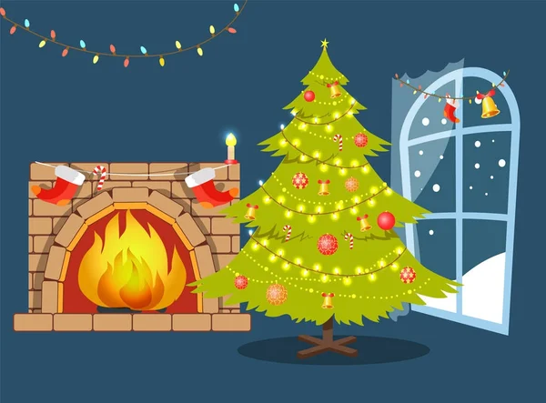 Árbol de Navidad y Chimenea Vector Ilustración — Archivo Imágenes Vectoriales
