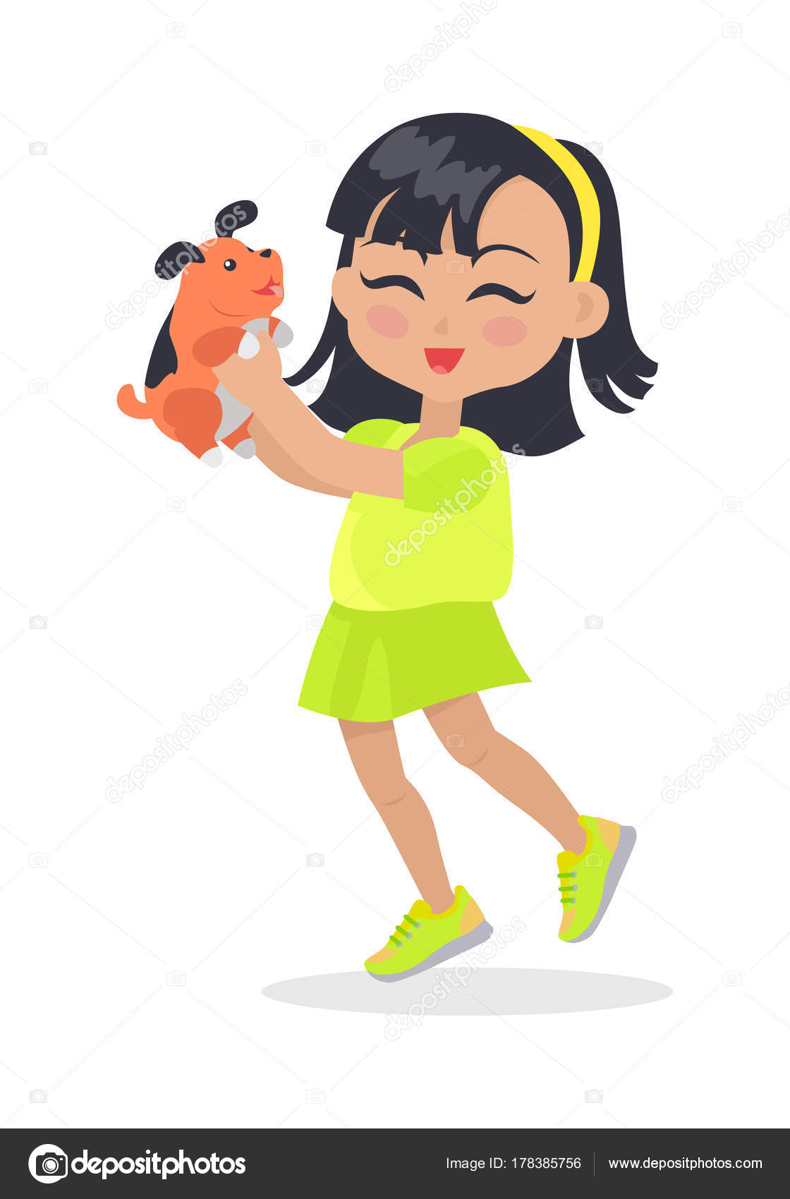 Uśmiechnięte Dziewczyny Z Czarną Fryzura Bob I Pies Zwierzę