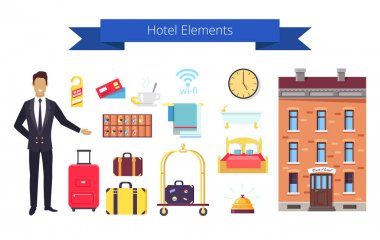Hotel öğeleri simgeler ve başlık vektör çizim