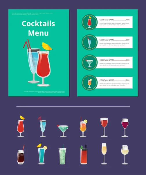 Cocktails Menu Bar Layout Vector Ilustração — Vetor de Stock