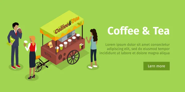 Kaffee-Tee-Konzept isometrischer Vektor Web-Banner — Stockvektor