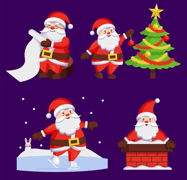 Santa Claus Establecer iconos Vector Nieve Chimenea Árbol — Vector de stock