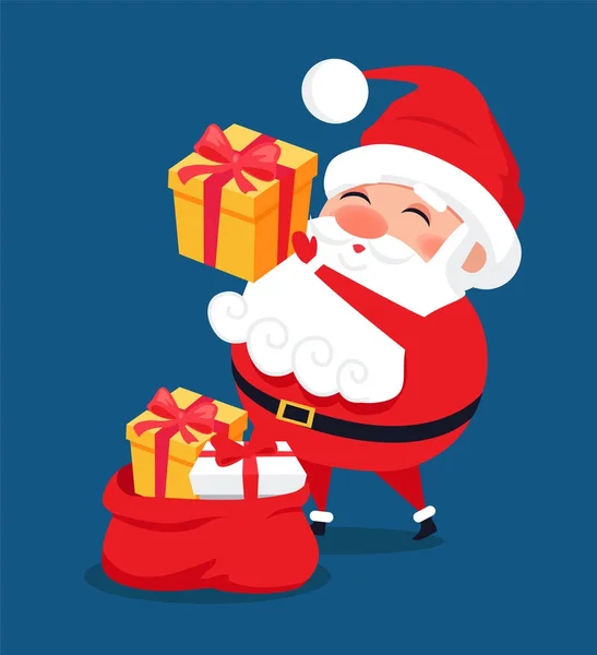 Merry Santa Claus Put Presents into Red Bag Vector — Stock Vector