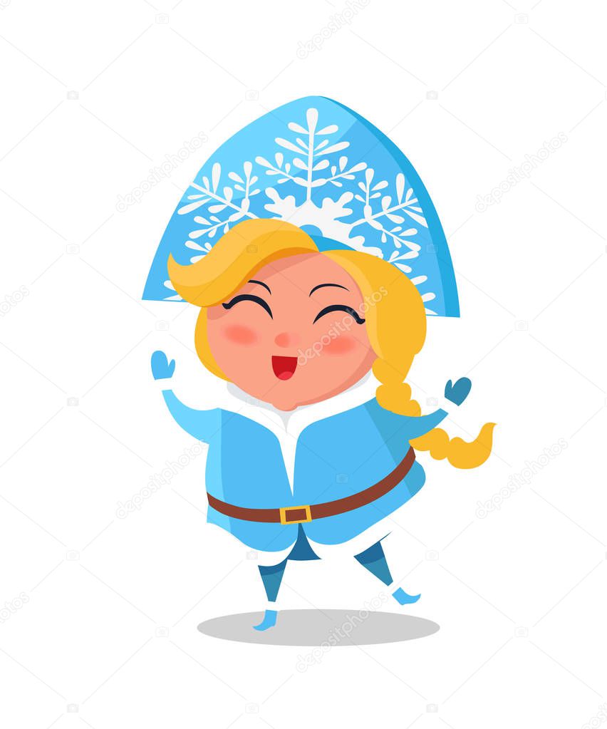 Snow Maiden in Blue Warm Winter Cloth Sings Carol
