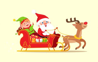 Noel Baba ve kızak üzerinde sürme Elf çizgi film karakterleri