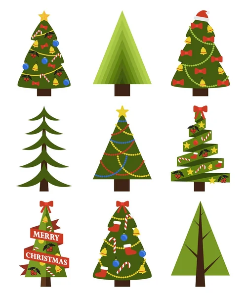 Set geschmückter Weihnachtsbäume in verschiedenen Formen — Stockvektor