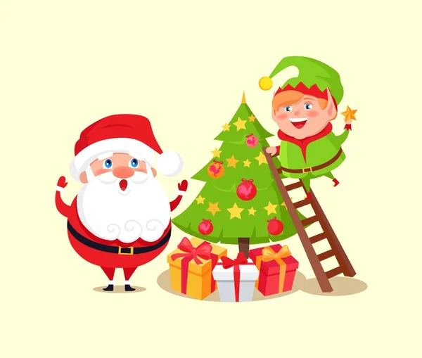 Santa Claus y elfo decorando el árbol de Navidad — Archivo Imágenes Vectoriales