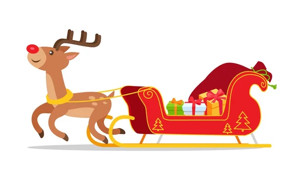 Rentiere und Weihnachtsschlitten mit Geschenken — Stockvektor