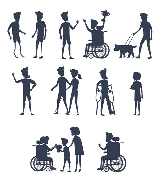 Silhouette di persone disabili su sedie a rotelle — Vettoriale Stock