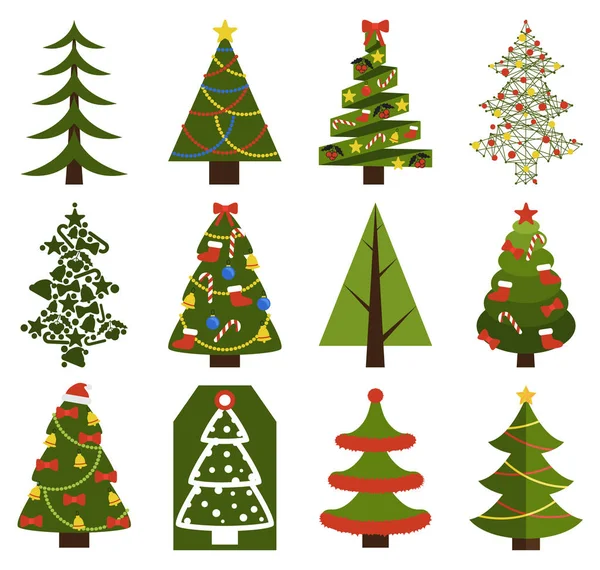 Big Set Christmas Tree Symbols With Without Decor — Stock Vector