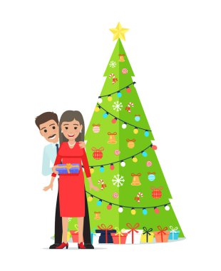 Noel ağacı çelenk aile çift dekore edilmiş