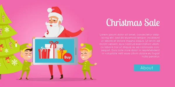 Carte de voeux de vente de Noël avec le Père Noël et les elfes — Image vectorielle