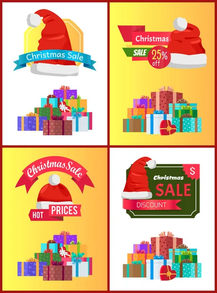 Descuento de Navidad Carteles festivos con regalos — Vector de stock