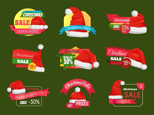 Gran Diversidad de Sombreros Santa en Etiquetas de Compras — Vector de stock