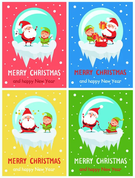 Frohes neues Jahr frohe Weihnachten Poster Weihnachtsmann Elfe — Stockvektor
