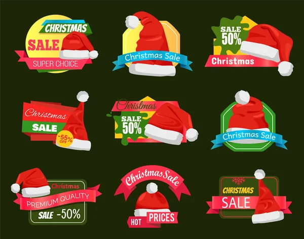 Grande diversidade de chapéus de Santa em etiquetas de compras — Vetor de Stock