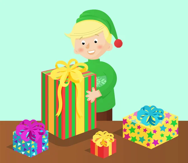 Boy and Presents on Table Vector Illustration — Stock Vector