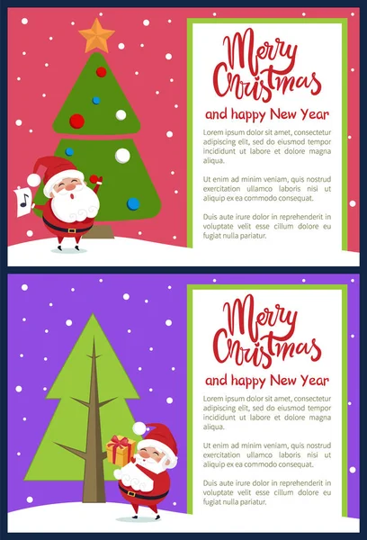 Happy Christmas Happy New Year Poster Santa Tree — стоковый вектор