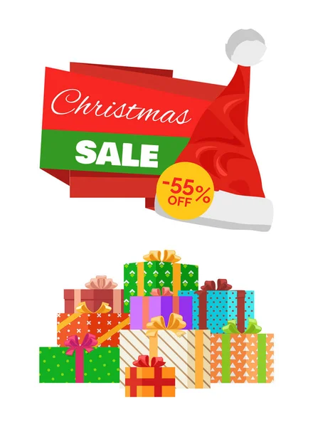 Рождественская распродажа промо-наклейка с шляпой, Реклама Текст — стоковый вектор