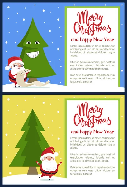 Happy Christmas Happy New Year Poster Santa Tree — стоковый вектор