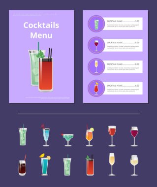Kokteyl menü çubuğu düzeni ile alkollü içecekler