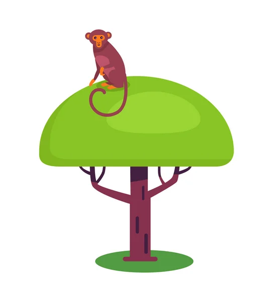 Mono divertido con cola larga se sienta en un gran árbol de hojas — Vector de stock
