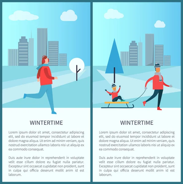 Winter familie Running Man vectorillustratie — Stockvector