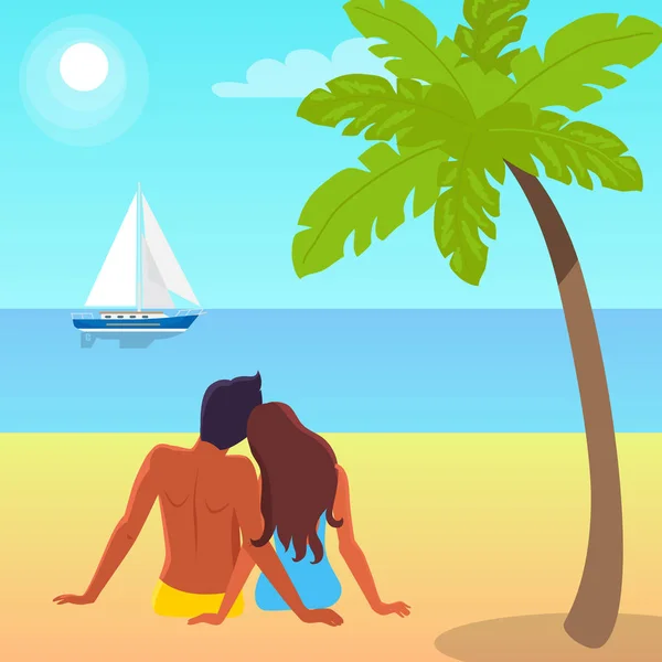Casal Senta-se na areia e olha para veleiro na água —  Vetores de Stock
