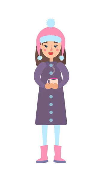 Chica cálida tela de invierno con taza de bebida de té caliente — Archivo Imágenes Vectoriales