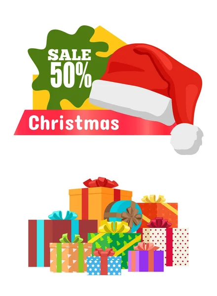Venta de Navidad cartel promocional etiqueta sombrero y regalos — Vector de stock