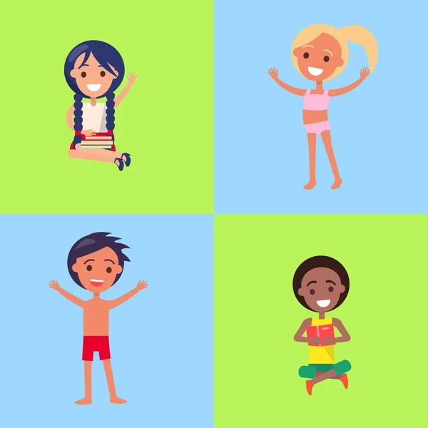 Kinder lernen oder genießen den Sommer in Badeanzügen — Stockvektor
